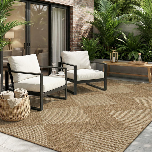 MontVoo-Outdoor Rug Carpet Patio Rug 4x6 ft Polypropylene Indoor Outdoor Rugs for Patio Deck Balcony Porch, Textured Weave, Durable for High Traffic, Fade-Resistant, Boho Geometric Neutral Brown