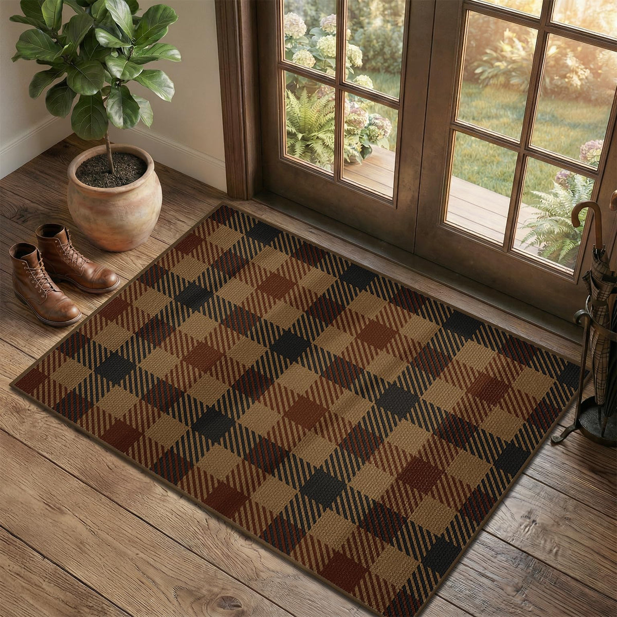 JTJ Easy Jute 3x5 Outdoor Rug for Front Porch, Washable Sage Green Plaid