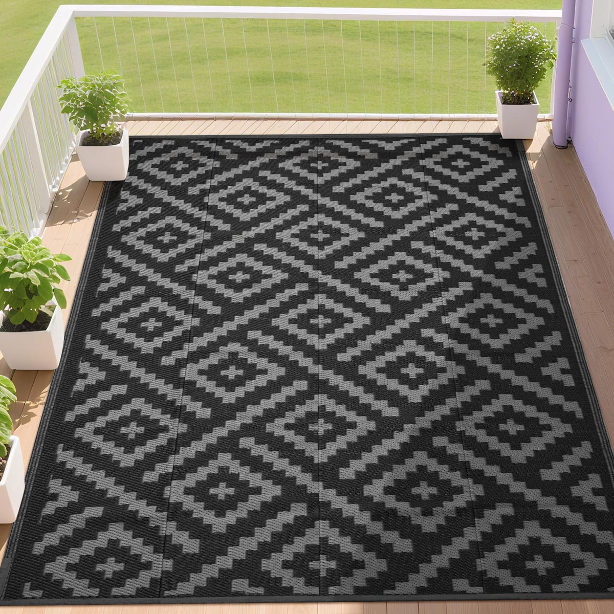 RURALITY Outdoor Rugs 8'x10' Waterproof for Patios Clearance,Plastic Straw Mats for RV, Camping,Backyard,Porch,Deck,Balcony,Reversible,Geometric