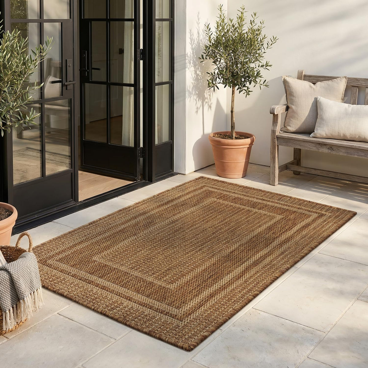 MontVoo-Outdoor Rug-Patio Rug 5x7 ft Polypropylene Indoor Outdoor Rugs Outdoor Carpet for Patio Deck Balcony Porch, Textured Weave, Durable for High Traffic, Fade-Resistant, Modern Neutral Brown