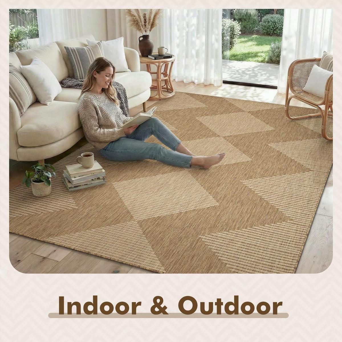 MontVoo-Outdoor Rug Carpet Patio Rug 4x6 ft Polypropylene Indoor Outdoor Rugs for Patio Deck Balcony Porch, Textured Weave, Durable for High Traffic, Fade-Resistant, Boho Geometric Neutral Brown