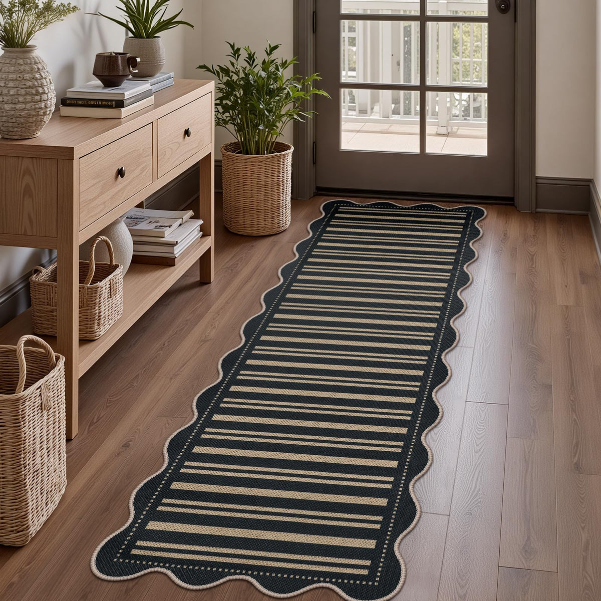 Scalloped Easy Jute 3x5 Front Door Mat, Washable Rugs for Entryway Black Outdoor Patio Rug, Farmhouse Neutral Non Slip Indoor Carpet for Porch Backyard