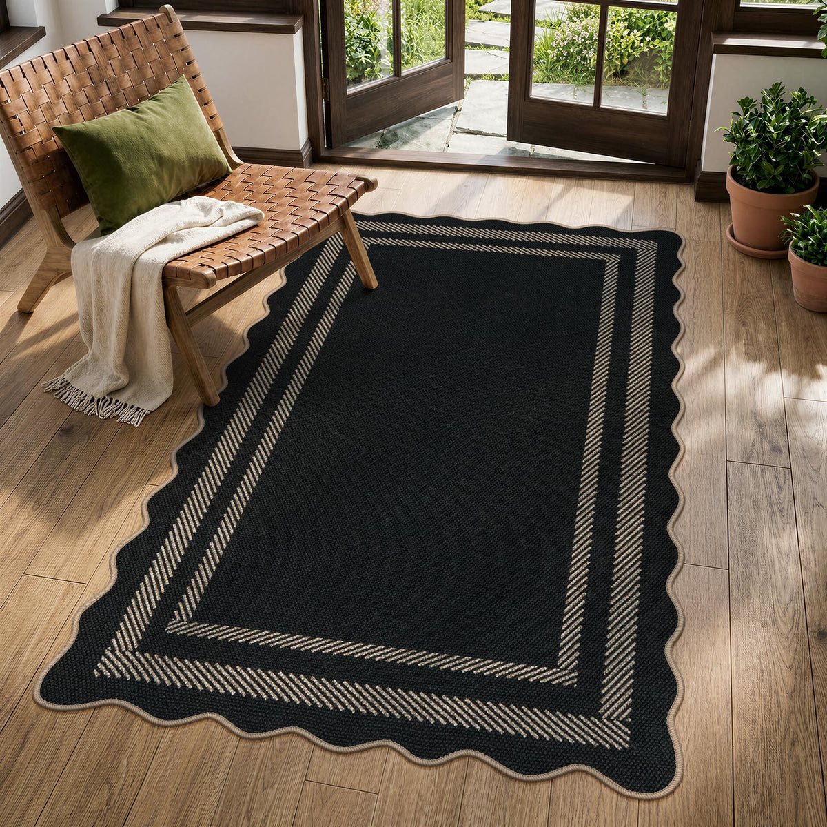 LIVEBOX Scalloped Easy Jute 3x5 Outdoor Rug, Washable Non-Slip Geometric Tan Rugs for Entryway, Indoor Outdoor Farmhouse Rug Modern Carpet Door Mat Area Rug for Patio Bedroom Living Room Kitchen Porch