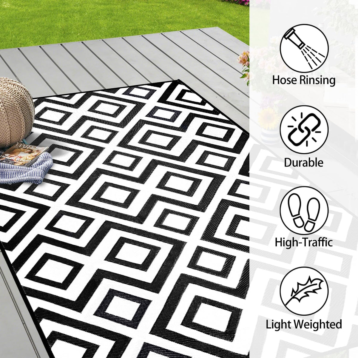DiiKoo Outdoor Rug Mat for Patio, 6x9ft Waterproof Reversible Plastic Straw Rugs, Camping Carpet Area Mats for RV, Porch, Deck, Backyard, Balcony, Camper, Trailer, Black & White