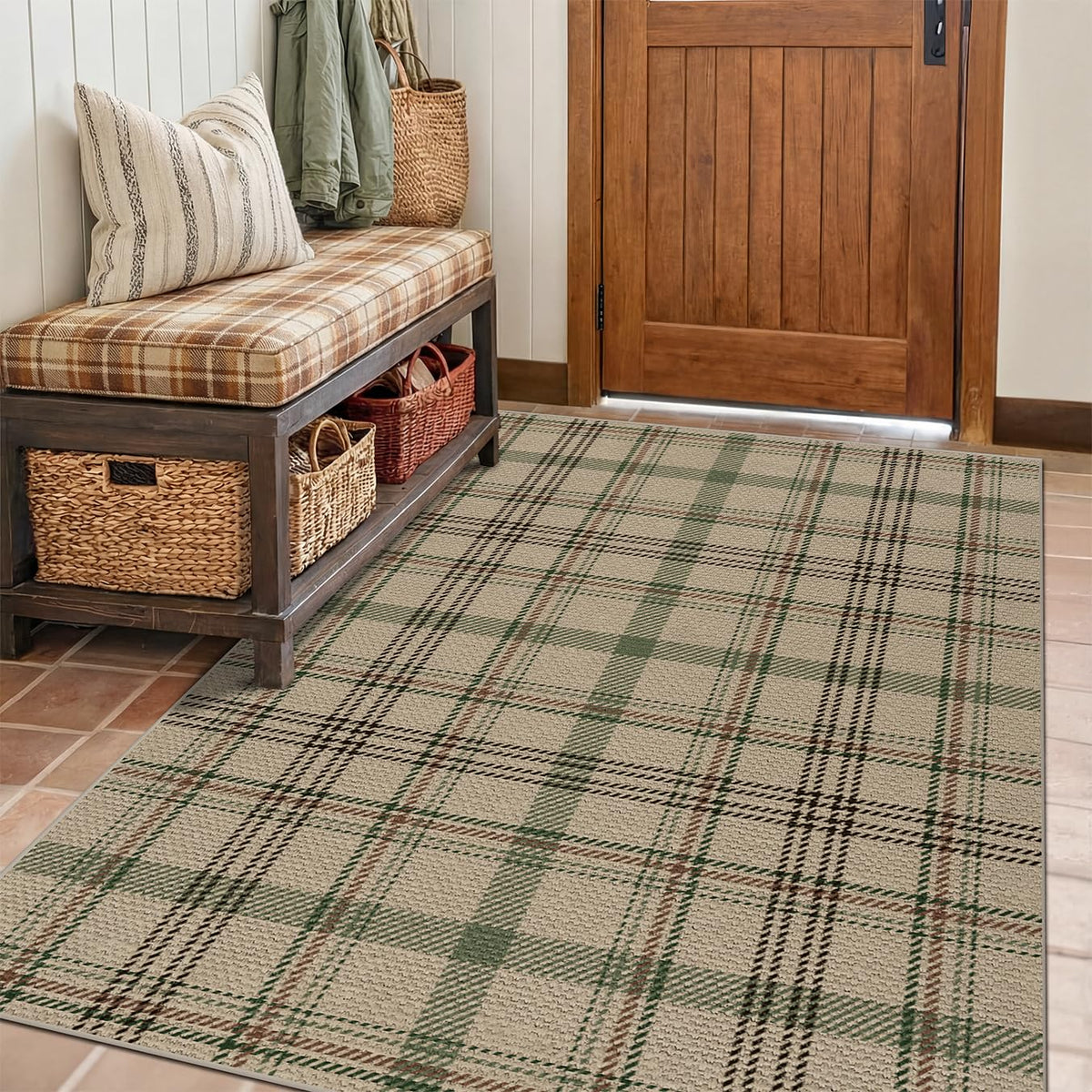 JTJ Easy Jute 3x5 Outdoor Rug for Front Porch, Washable Sage Green Plaid