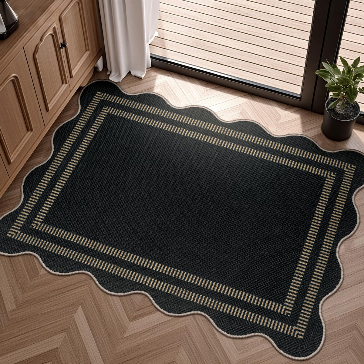 Scalloped Easy Jute 3x5 Front Door Mat, Washable Rugs for Entryway Black Outdoor Patio Rug, Farmhouse Neutral Non Slip Indoor Carpet for Porch Backyard