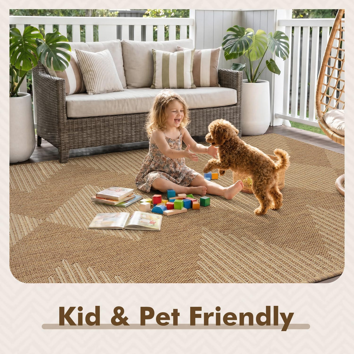 MontVoo-Outdoor Rug Carpet Patio Rug 4x6 ft Polypropylene Indoor Outdoor Rugs for Patio Deck Balcony Porch, Textured Weave, Durable for High Traffic, Fade-Resistant, Boho Geometric Neutral Brown