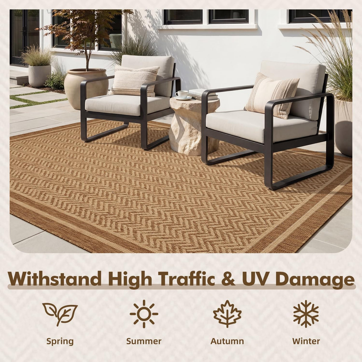 MontVoo-Outdoor Rug-Patio Rug 5x7 Polypropylene Indoor Outdoor Rugs Outdoor Carpet for Patio Deck Balcony Porch, Textured Weave, Durable for High Traffic, Fade-Resistant, Boho Farmhouse Neutral Brown
