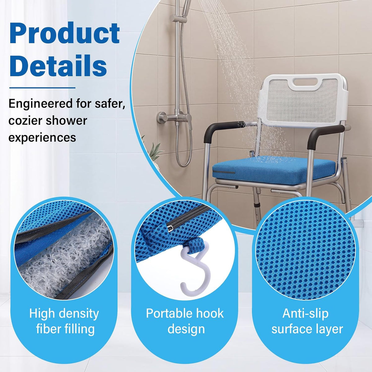 Leinuosen 2 Pcs Shower Seat Cushion with Non Slip Silicone Bottom 4d Mesh Pad Waterproof Shower Chair Cushion Bathtub Pad Bath Pillow Seat Mat Washable Fast Drying for Elderly Disabled(Blue)