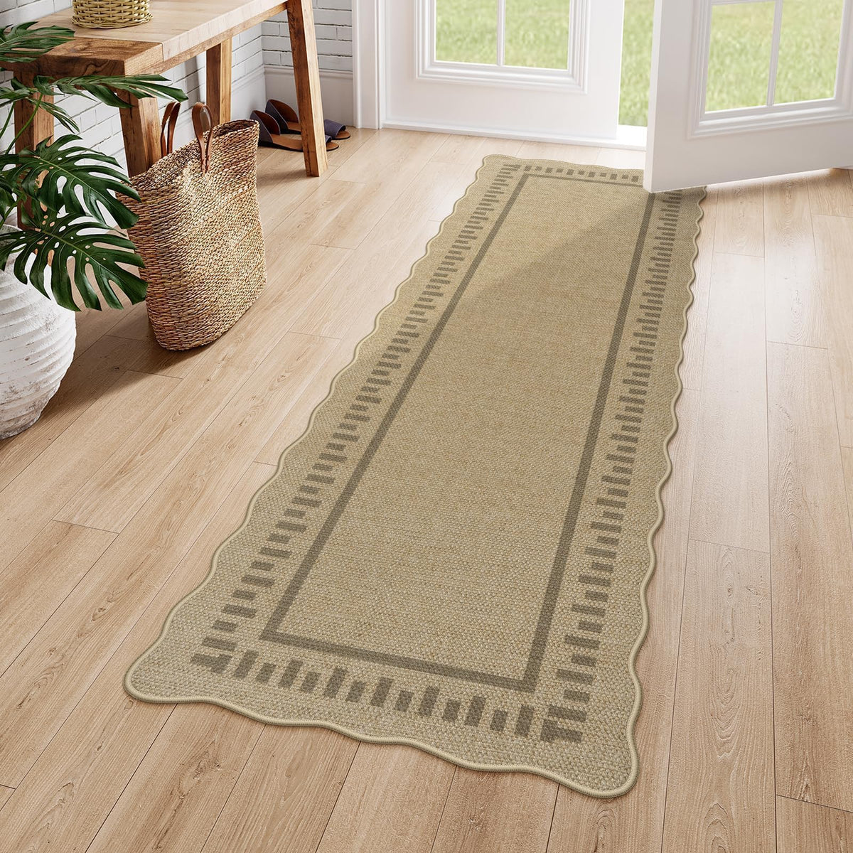 LIVEBOX Scalloped Easy Jute 3x5 Outdoor Rug, Washable Non-Slip Geometric Tan Rugs for Entryway, Indoor Outdoor Farmhouse Rug Modern Carpet Door Mat Area Rug for Patio Bedroom Living Room Kitchen Porch