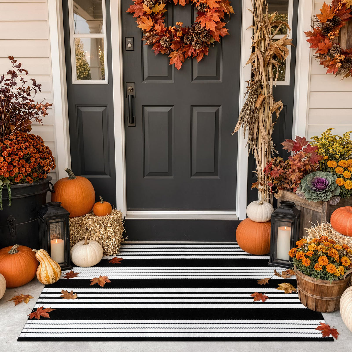 OJIA Outdoor Rug 3'x5', Black and Tan Patio Rugs Fall Door Mat Outside