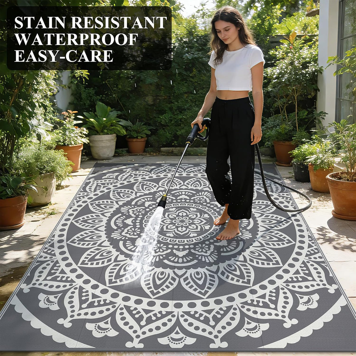 Bsmathom Waterproof Outdoor Rug 8'x10' Reversible Boho Plastic Straw Patio Deck Camping Rugs, Indoor Outdoor Portable RV Mat Clearance Carpet for Outside, Porch, Balcony, Backyard, Beach, Pool,Grey