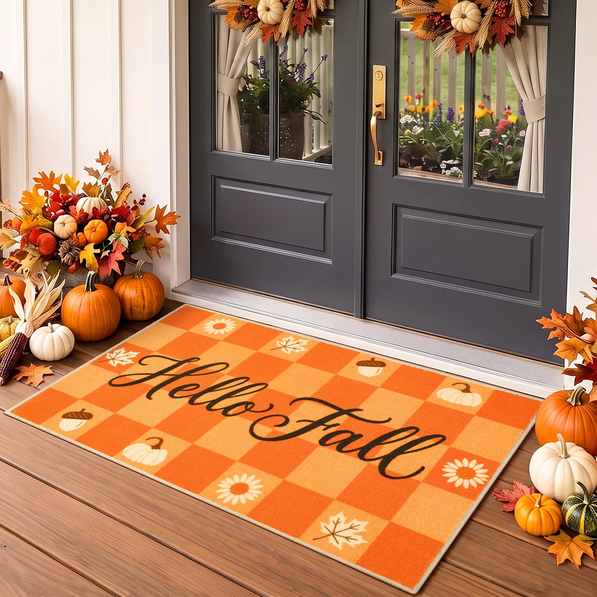 Fall Front Door Mat 3'x5', Hello Pumpkin Welcome Mat for Porch Rugs