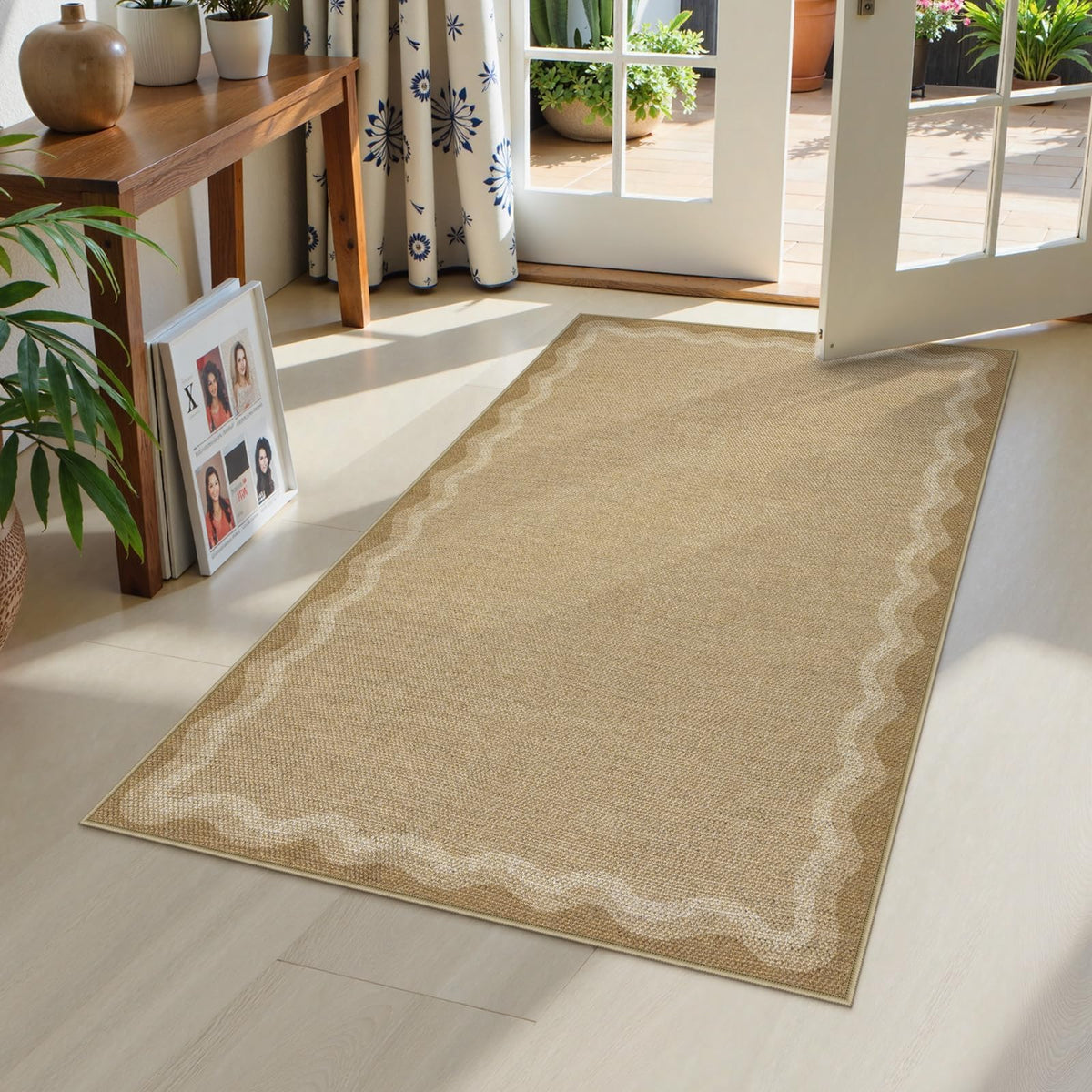 LIVEBOX Scalloped Easy Jute 3x5 Outdoor Rug, Washable Non-Slip Geometric Tan Rugs for Entryway, Indoor Outdoor Farmhouse Rug Modern Carpet Door Mat Area Rug for Patio Bedroom Living Room Kitchen Porch