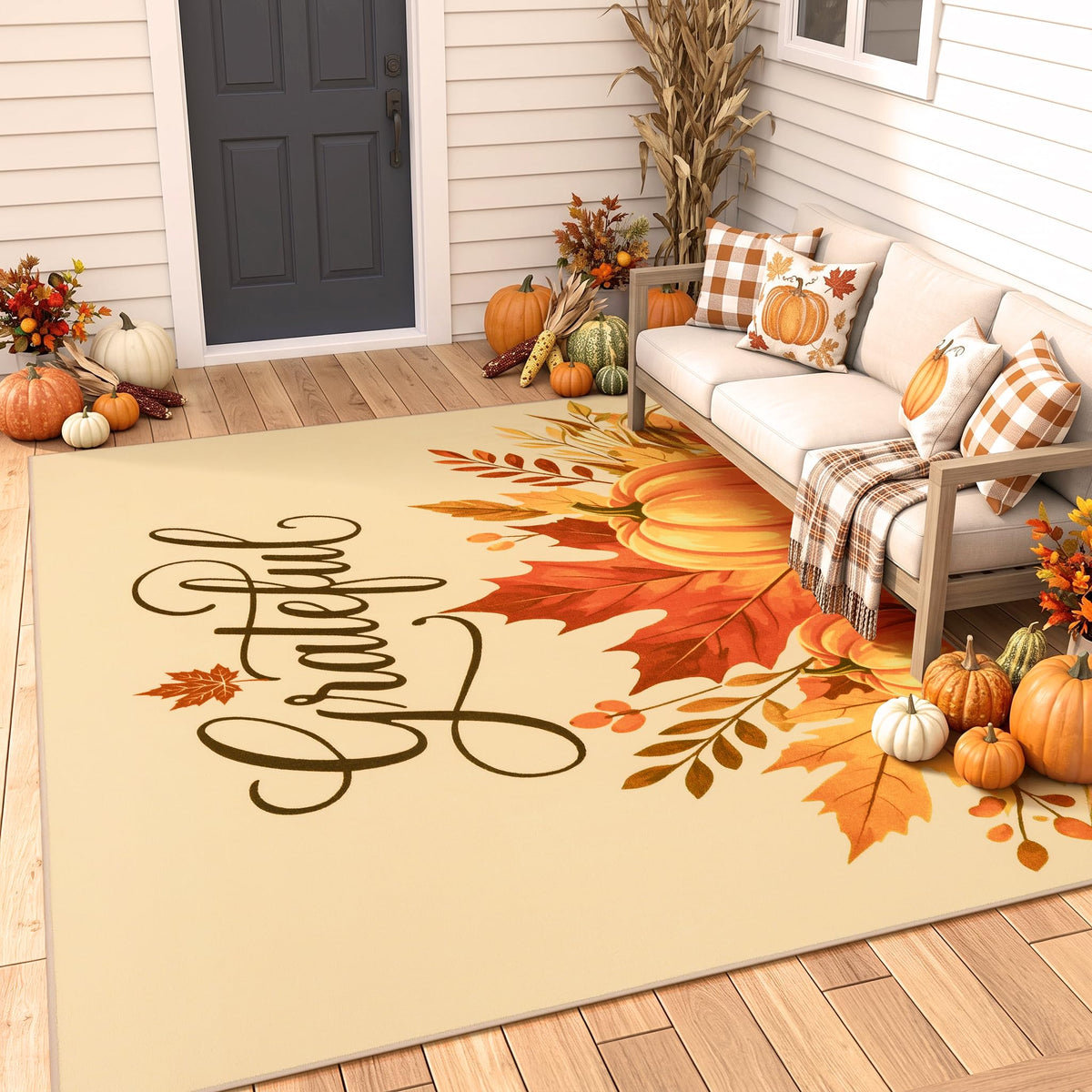 Fall Front Door Mat 3'x5', Hello Pumpkin Welcome Mat for Porch Rugs