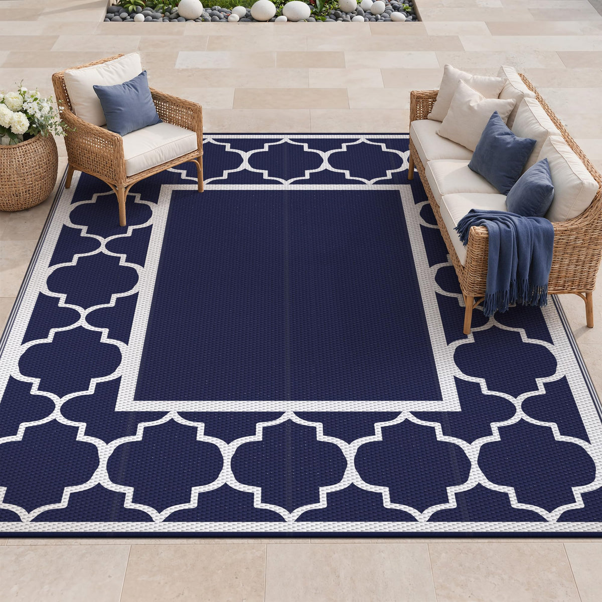 GENIMO Outdoor Rug, Waterproof Plastic Rugs for Patio, 5'x8' Blue White