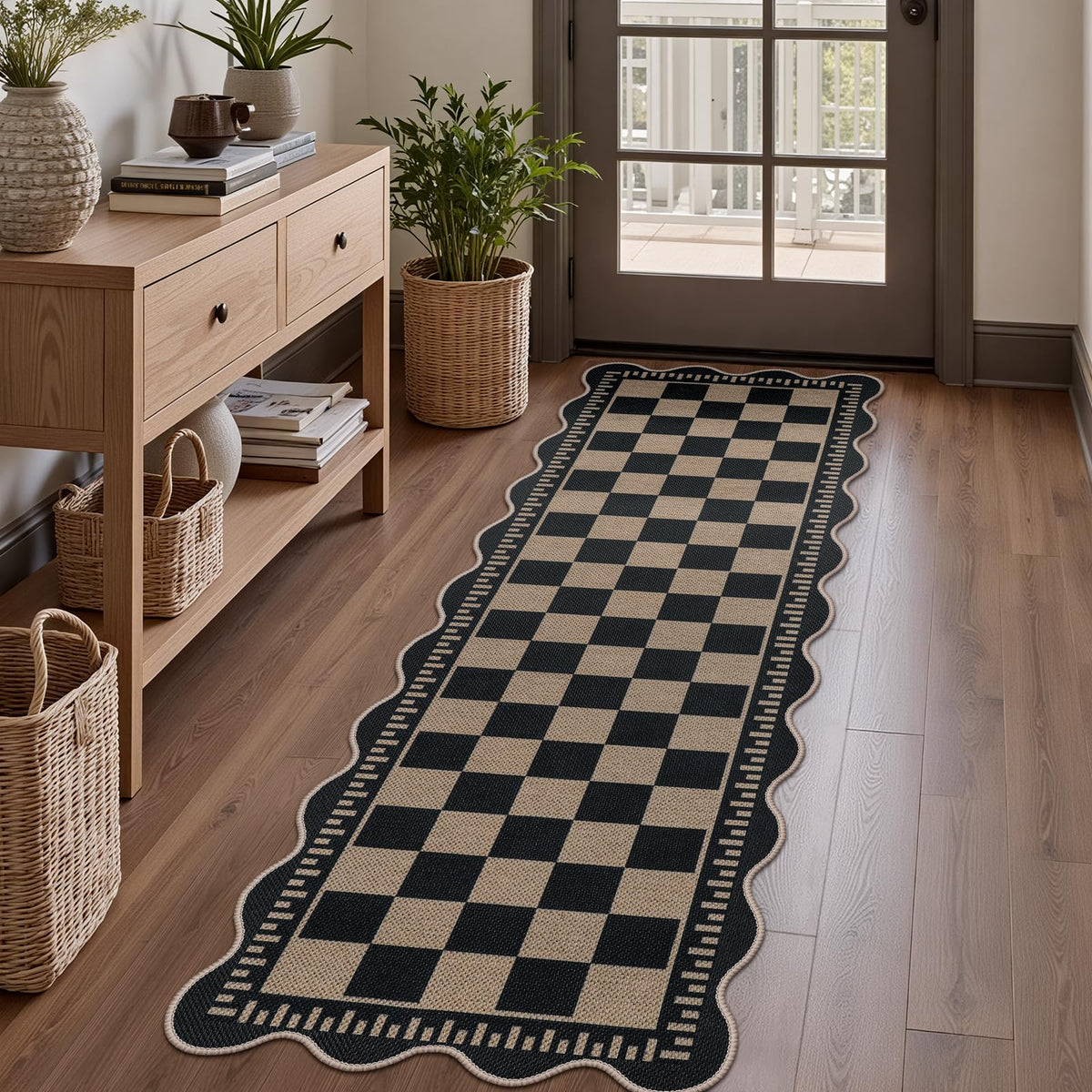 Scalloped Easy Jute 3x5 Front Door Mat, Washable Rugs for Entryway Black Outdoor Patio Rug, Farmhouse Neutral Non Slip Indoor Carpet for Porch Backyard