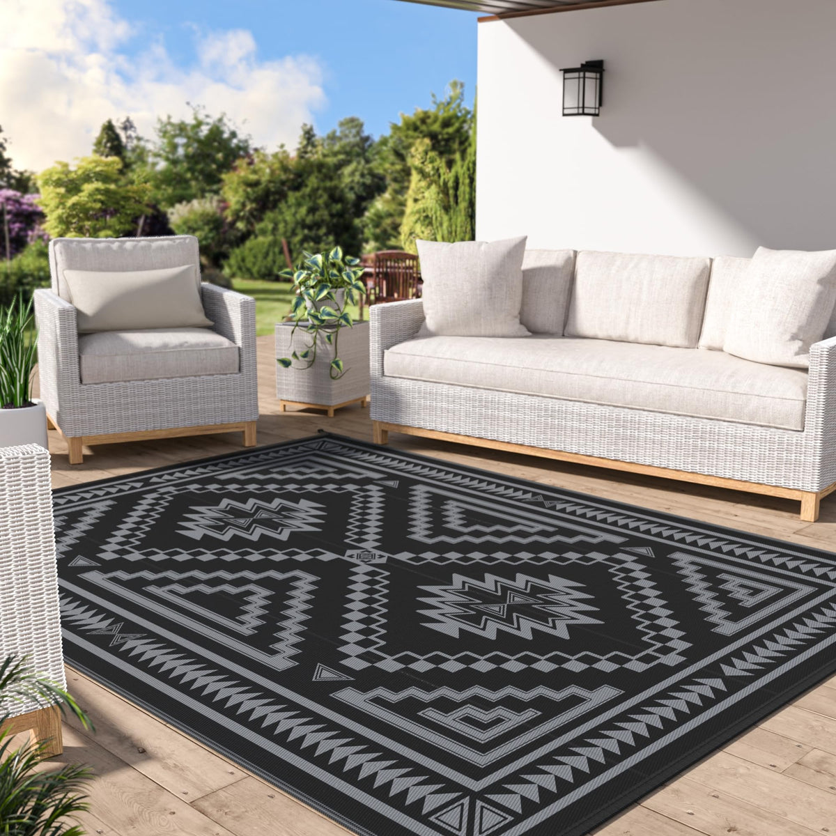 GENIMO Outdoor Rug, Waterproof Plastic Rugs for Patio, 5'x8' Black Grey