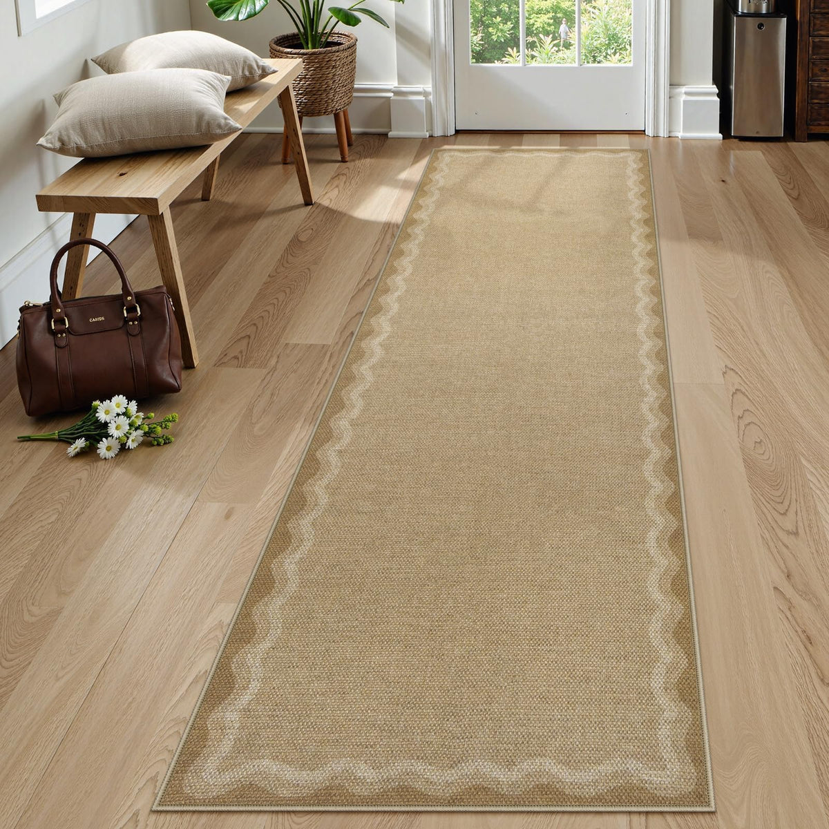 LIVEBOX Scalloped Easy Jute 3x5 Outdoor Rug, Washable Non-Slip Geometric Tan Rugs for Entryway, Indoor Outdoor Farmhouse Rug Modern Carpet Door Mat Area Rug for Patio Bedroom Living Room Kitchen Porch