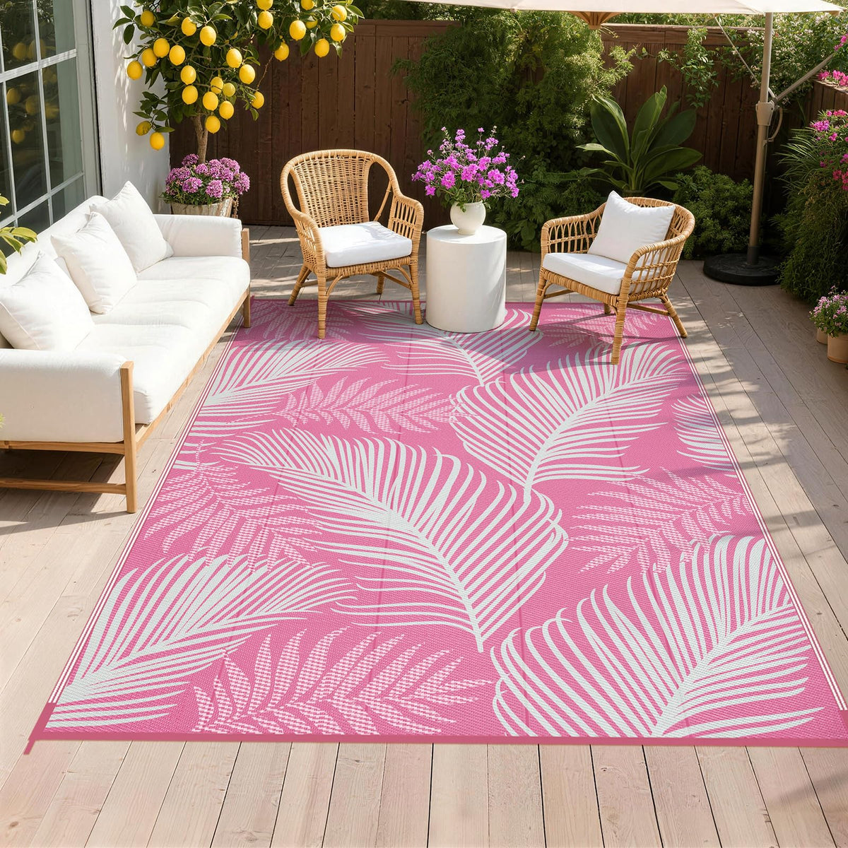 Pauwer Waterproof Outdoor Rug 5x8, Plastic Straw Patio Rug, Leaf Brown