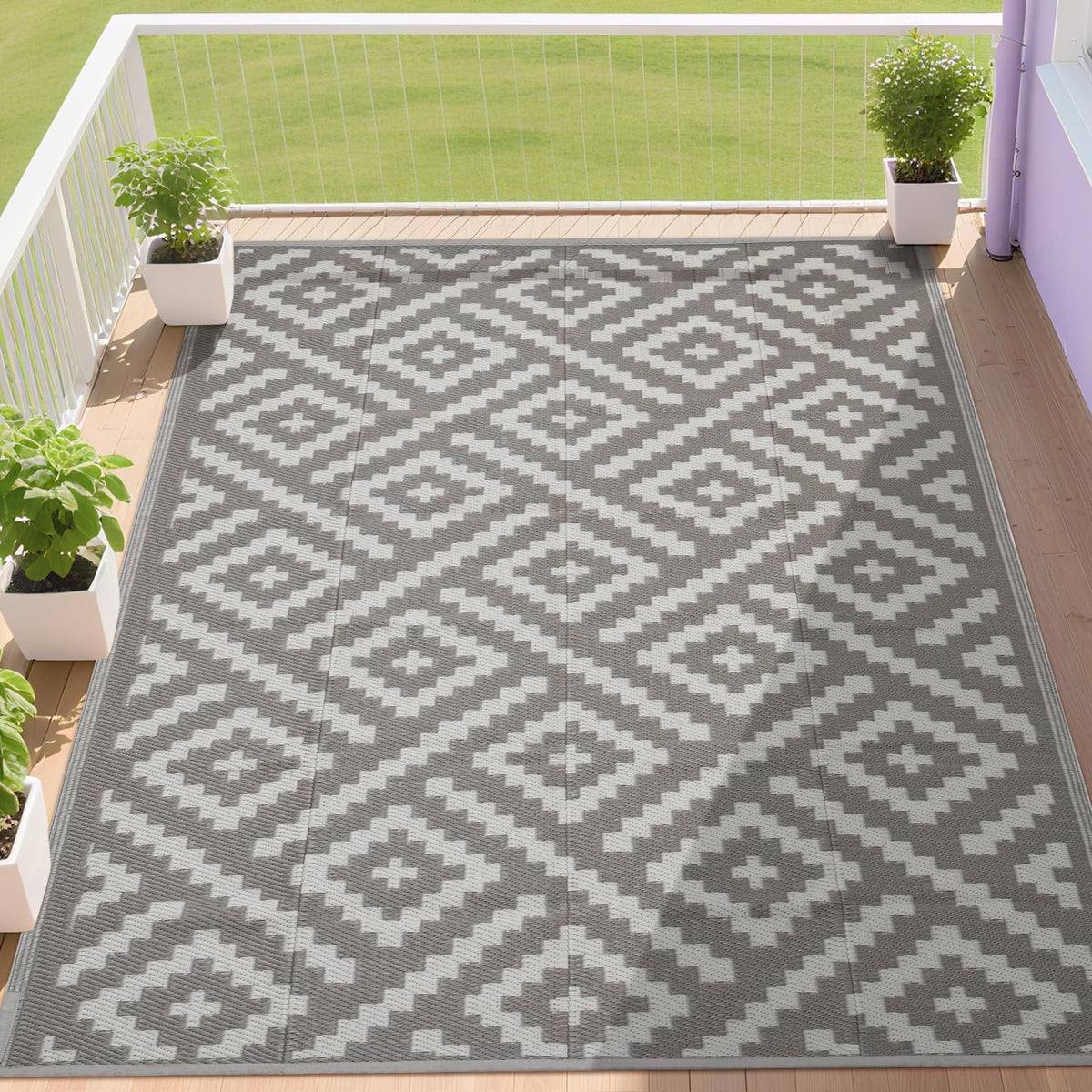 RURALITY Outdoor Rugs 8'x10' Waterproof for Patios Clearance,Plastic Straw Mats for RV, Camping,Backyard,Porch,Deck,Balcony,Reversible,Geometric