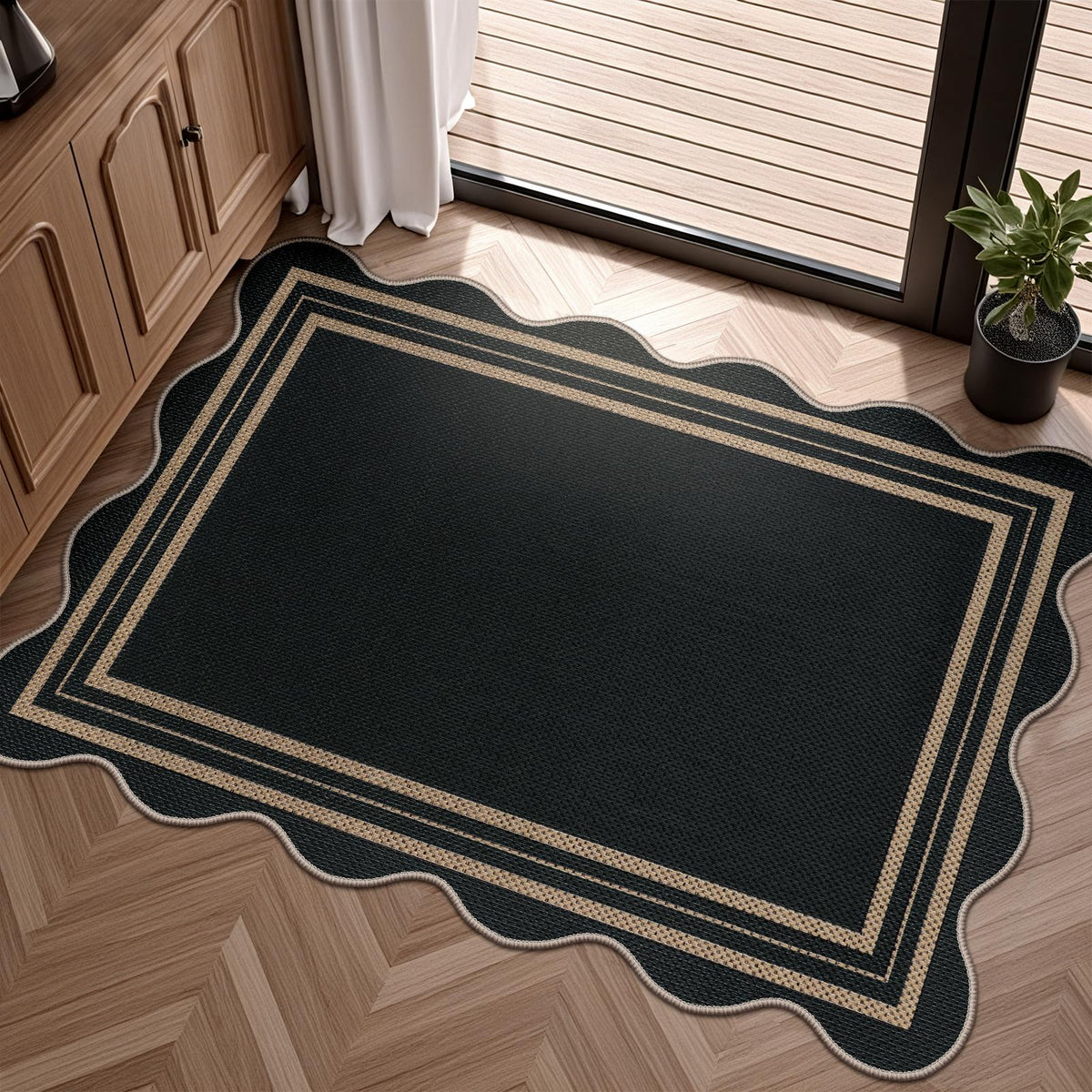 Scalloped Easy Jute 3x5 Front Door Mat, Washable Rugs for Entryway Black Outdoor Patio Rug, Farmhouse Neutral Non Slip Indoor Carpet for Porch Backyard