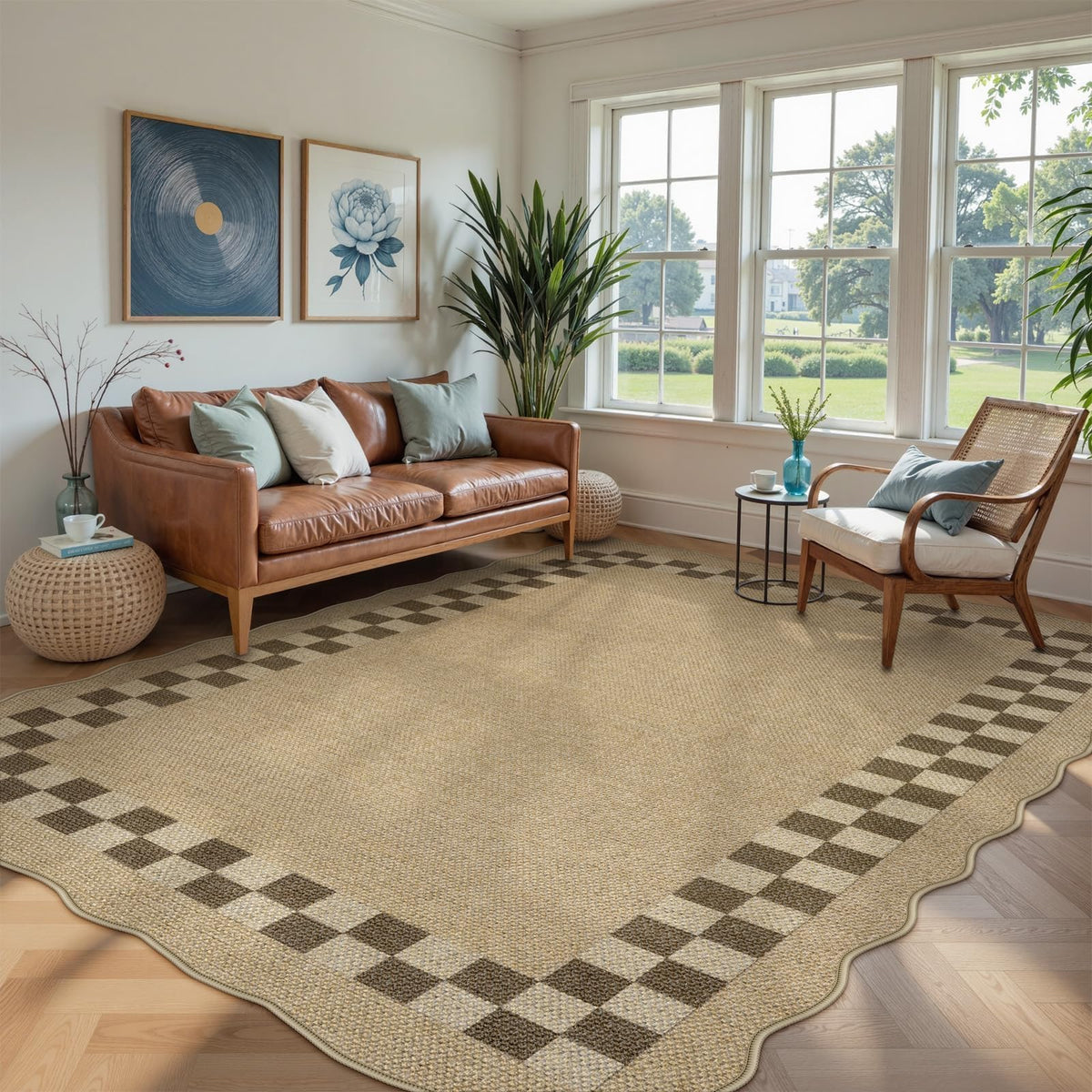 LIVEBOX Scalloped Easy Jute 3x5 Outdoor Rug, Washable Non-Slip Geometric Tan Rugs for Entryway, Indoor Outdoor Farmhouse Rug Modern Carpet Door Mat Area Rug for Patio Bedroom Living Room Kitchen Porch