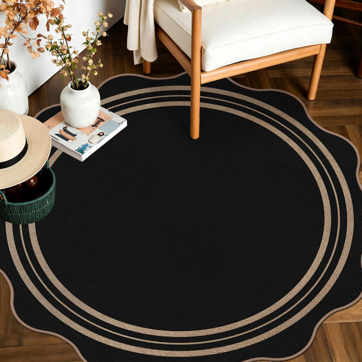 Scalloped Easy Jute 3x5 Front Door Mat, Washable Rugs for Entryway Black Outdoor Patio Rug, Farmhouse Neutral Non Slip Indoor Carpet for Porch Backyard