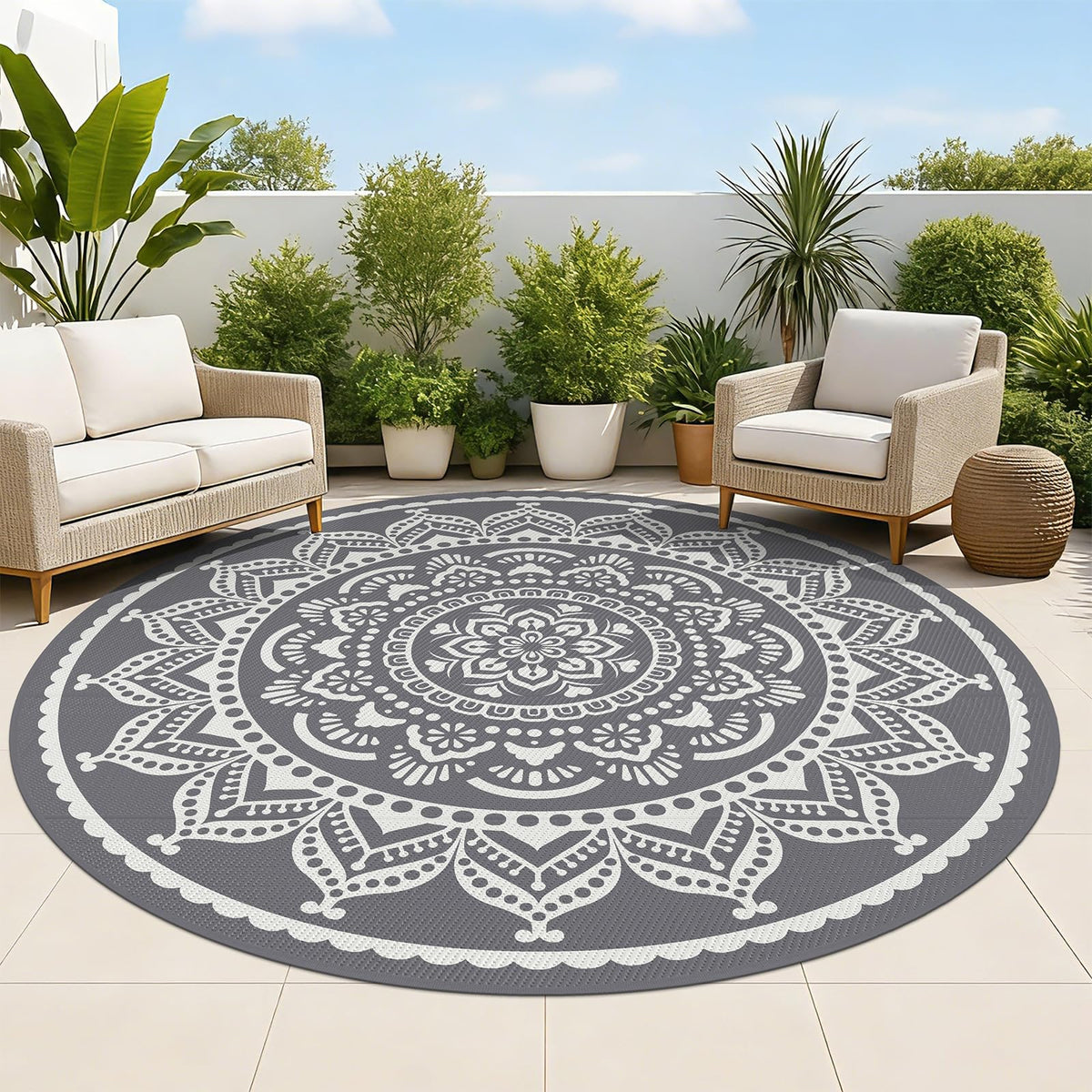 Bsmathom Waterproof Outdoor Rug 8'x10' Reversible Boho Plastic Straw Patio Deck Camping Rugs, Indoor Outdoor Portable RV Mat Clearance Carpet for Outside, Porch, Balcony, Backyard, Beach, Pool,Grey