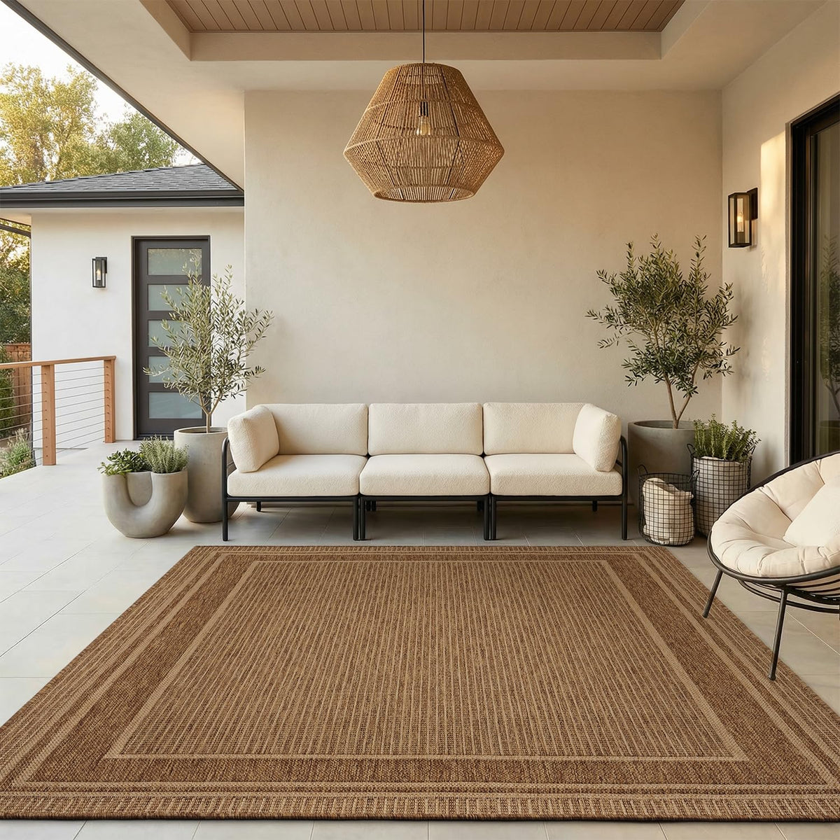MontVoo-Outdoor Rug-Patio Rug 5x7 ft Polypropylene Indoor Outdoor Rugs Outdoor Carpet for Patio Deck Balcony Porch, Textured Weave, Durable for High Traffic, Fade-Resistant, Modern Neutral Brown