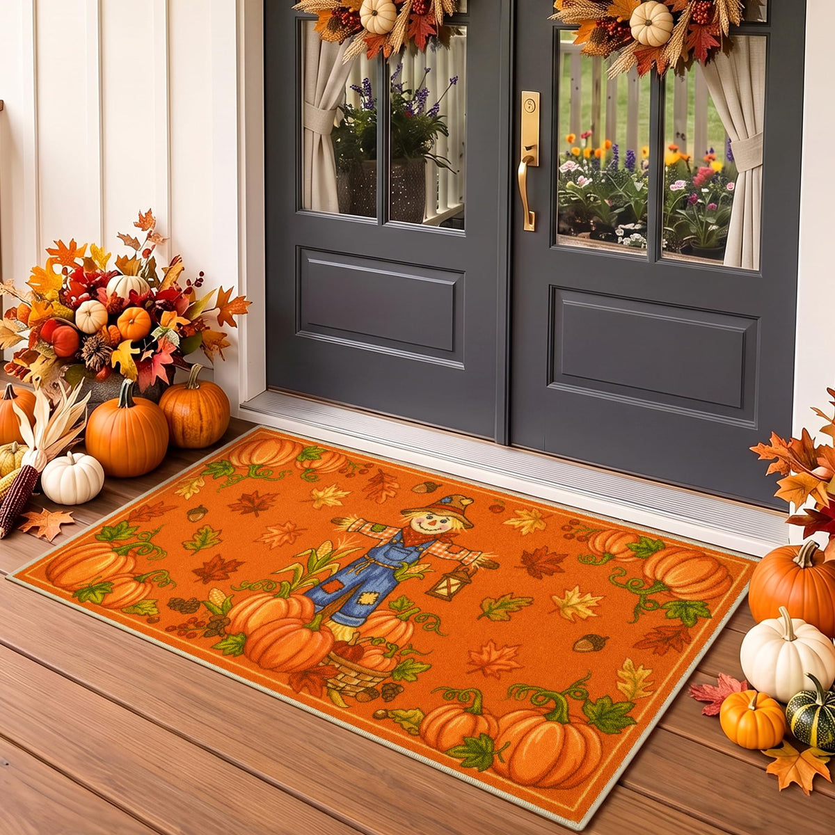 Fall Front Door Mat 3'x5', Hello Pumpkin Welcome Mat for Porch Rugs