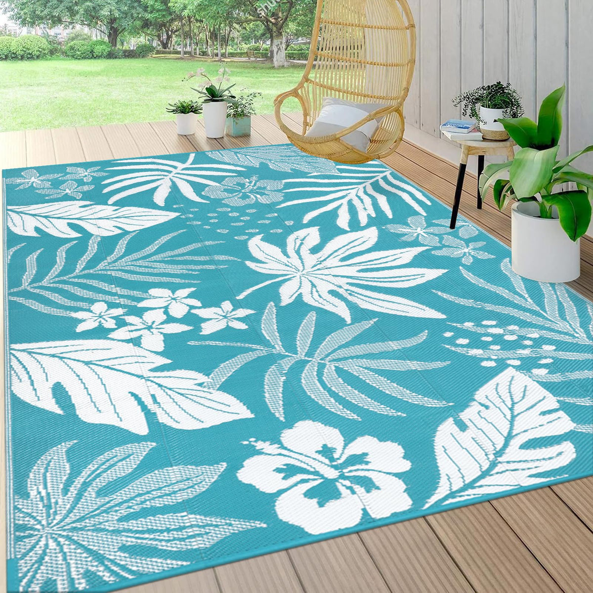Pauwer Waterproof Outdoor Rug 5x8, Plastic Straw Patio Rug, Leaf Brown