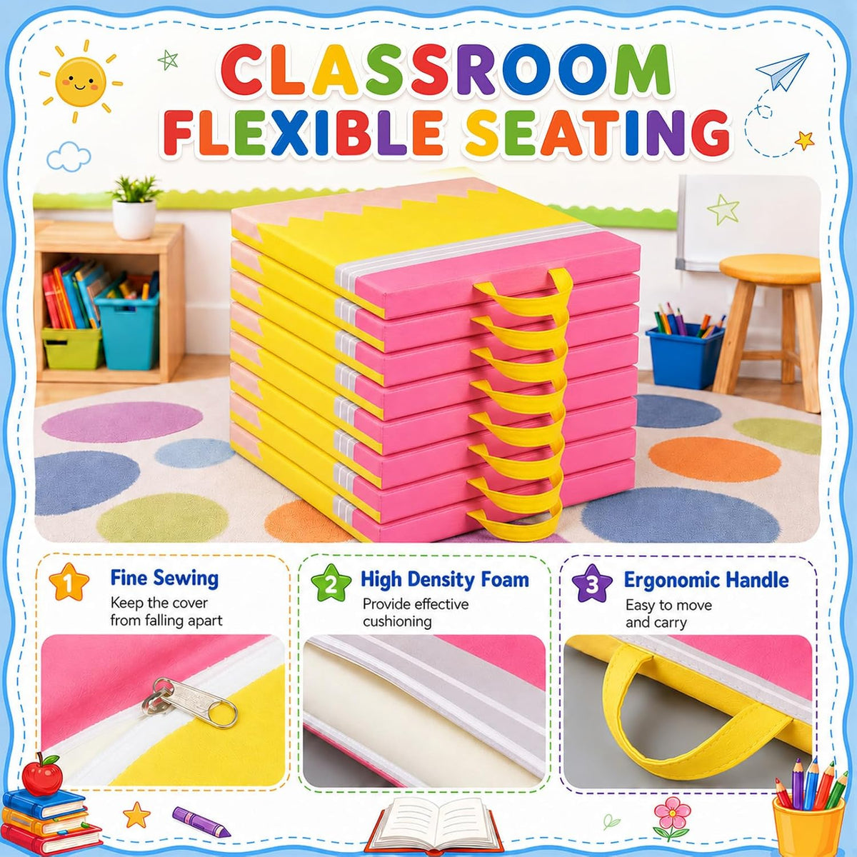 Beeveer 12 Pcs 12'' Floor Cushions with Handle for Kids Classroom Flexible Seating Floor Pillow Waterproof Cushions Seating for Toddlers Daycare Nursery Preschool School Home (Pencil,Yellow)