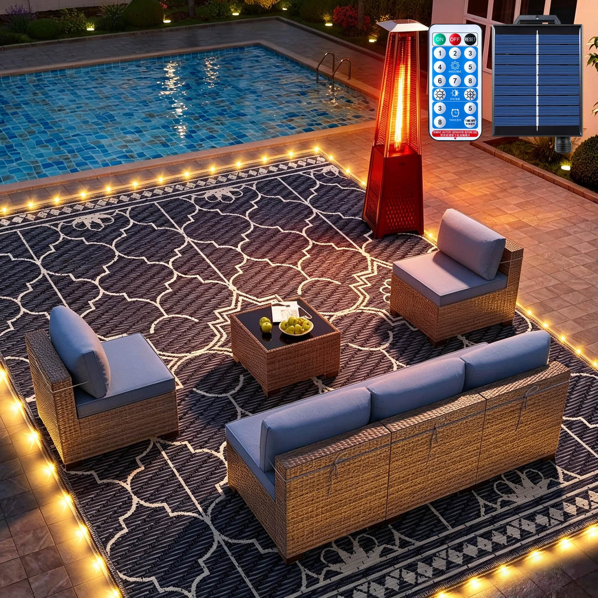 9x12Ft Outdoor Rug, Solar Powered Outdoor Rug with 131LEDs Strip Lights for House Deck, Waterproof Plastic Reversible Outdoor Straw Rugs, Rugs Mat RV Camping Patio Beach Balcony Picnic (Black Gray)