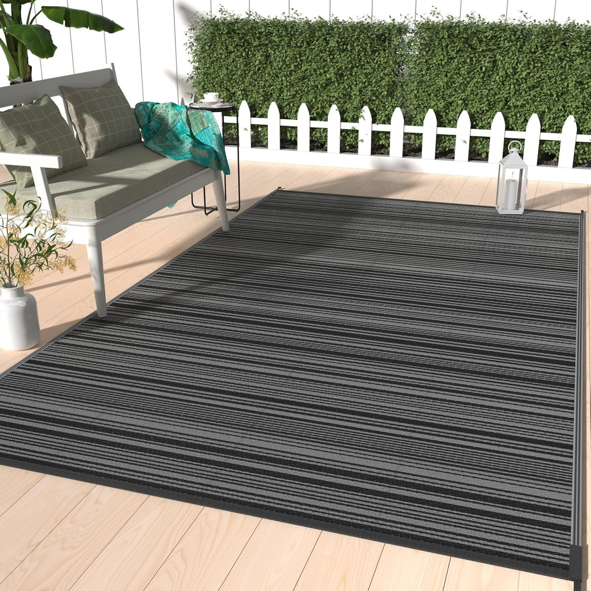 GENIMO Outdoor Rug, Waterproof Plastic Rugs for Patio, 5'x8' Black Grey