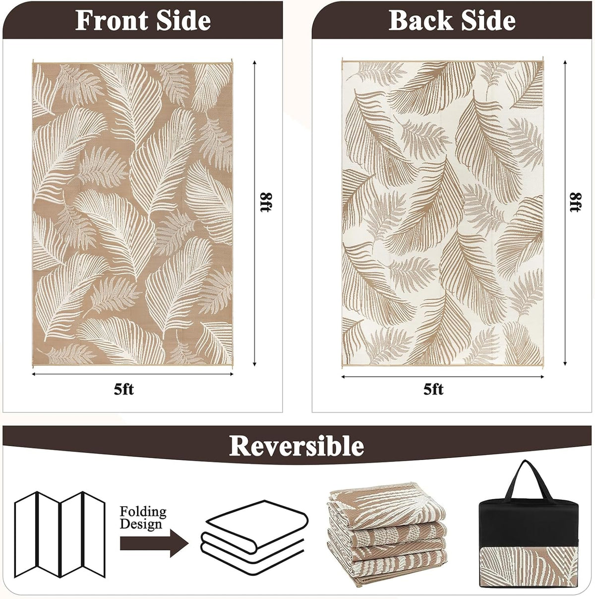 Pauwer Waterproof Outdoor Rug 5x8, Plastic Straw Patio Rug, Leaf Brown