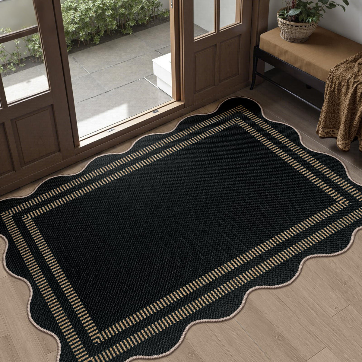 Scalloped Easy Jute 3x5 Front Door Mat, Washable Rugs for Entryway Black Outdoor Patio Rug, Farmhouse Neutral Non Slip Indoor Carpet for Porch Backyard