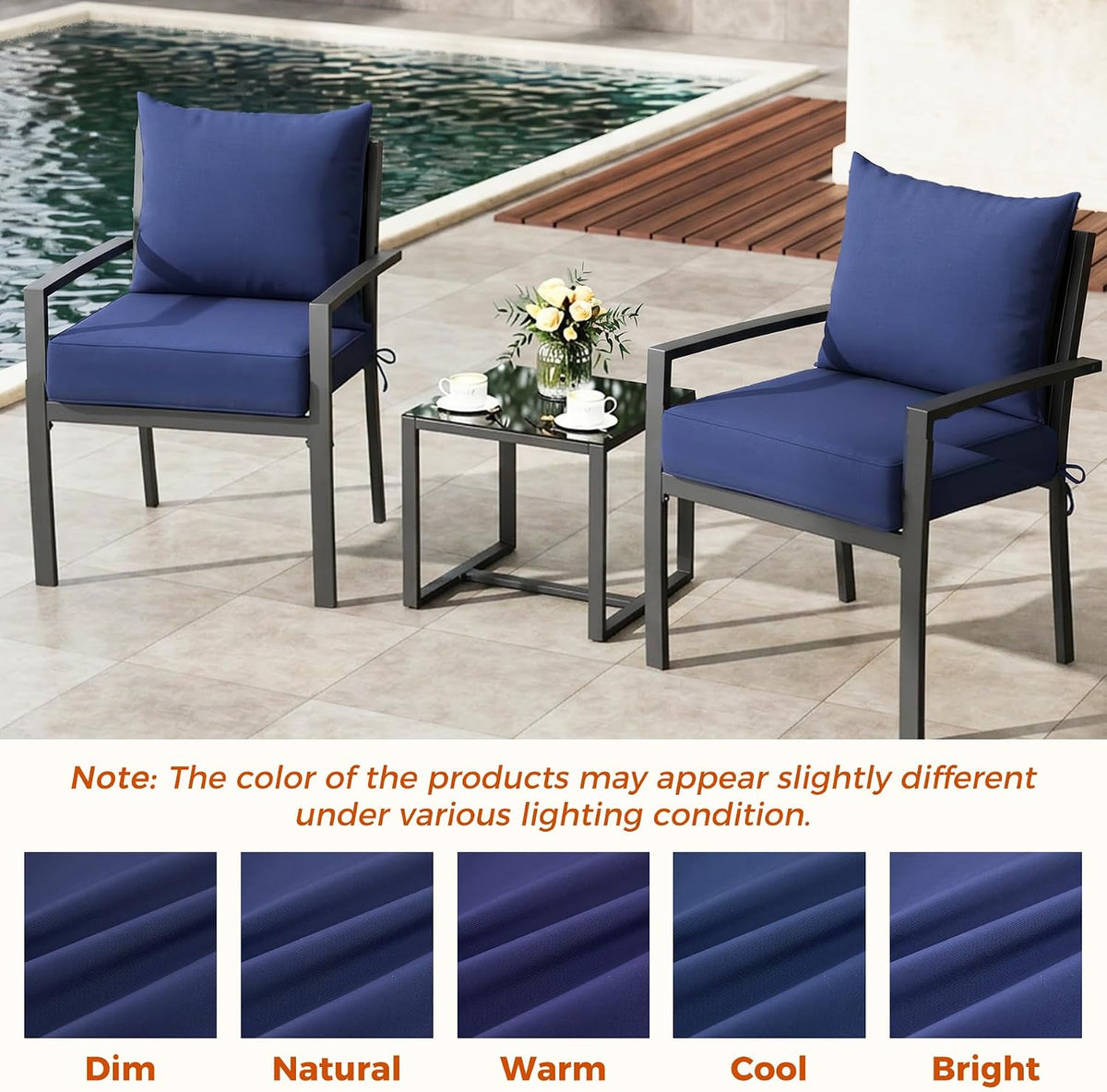 Deep Seat Patio Cushions Set of 2, 24x24x5.75 Inch, Waterproof Outdoor Chair Cushions, Fade Resistant Patio Furniture Cushions with Ties for Couch, Sofa, Lawn, Outside, Navy Blue