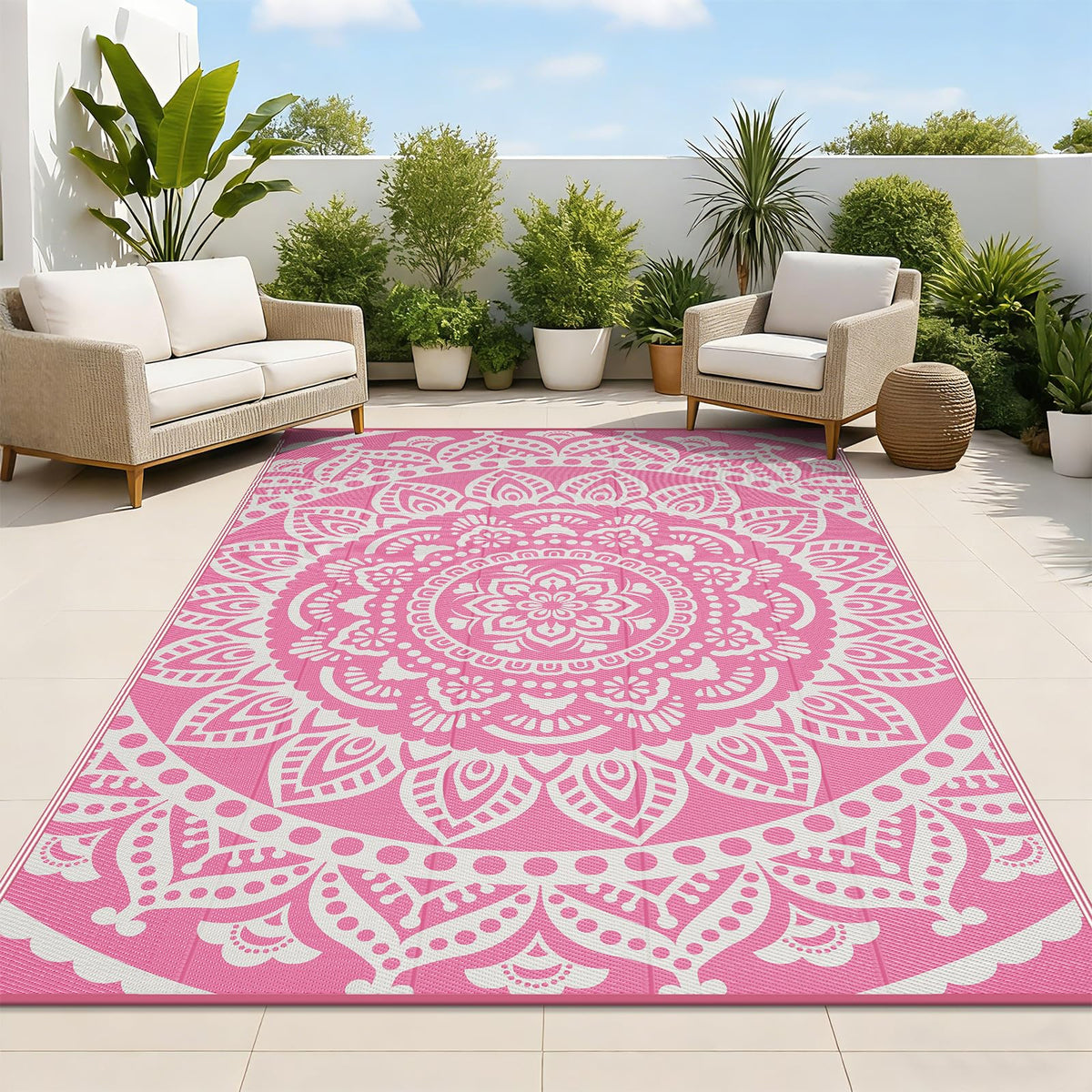 Bsmathom Waterproof Outdoor Rug 8'x10' Reversible Boho Plastic Straw Patio Deck Camping Rugs, Indoor Outdoor Portable RV Mat Clearance Carpet for Outside, Porch, Balcony, Backyard, Beach, Pool,Grey