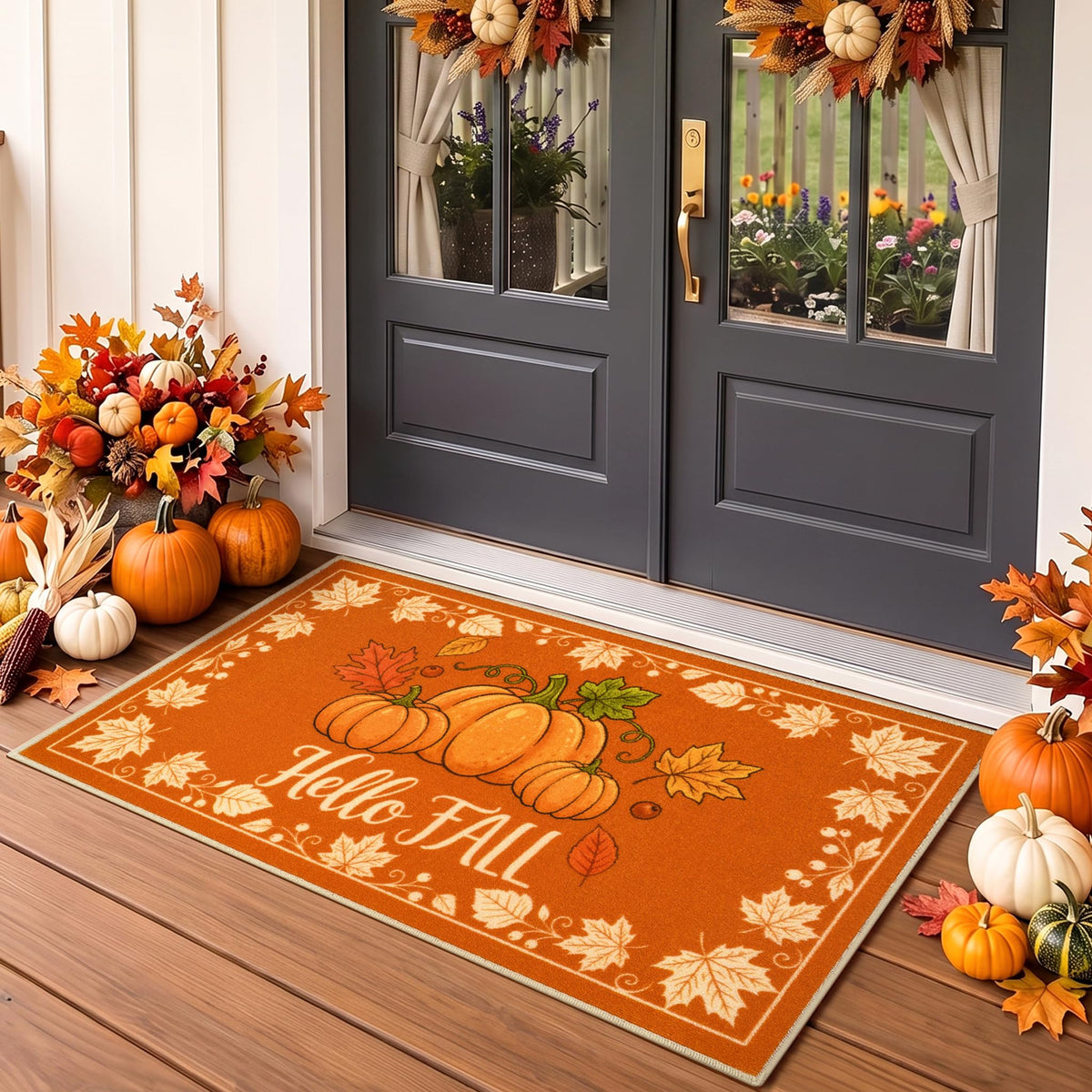 Fall Front Door Mat 3'x5', Hello Pumpkin Welcome Mat for Porch Rugs