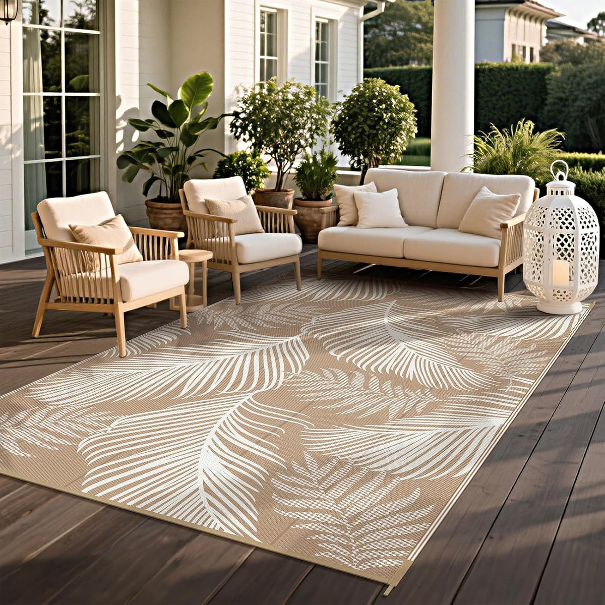 Pauwer Waterproof Outdoor Rug 5x8, Plastic Straw Patio Rug, Leaf Brown