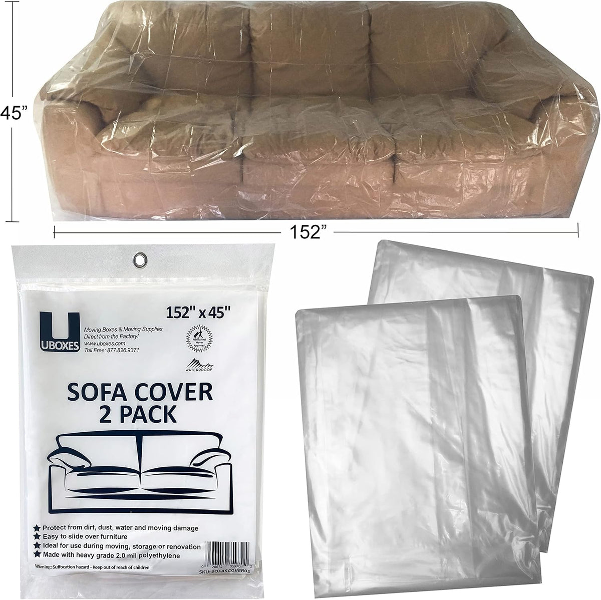 SOFA Moving Covers (2 Pack) - 45" x 152" - Moving & Storage Bags - UBOXES,Water resistant