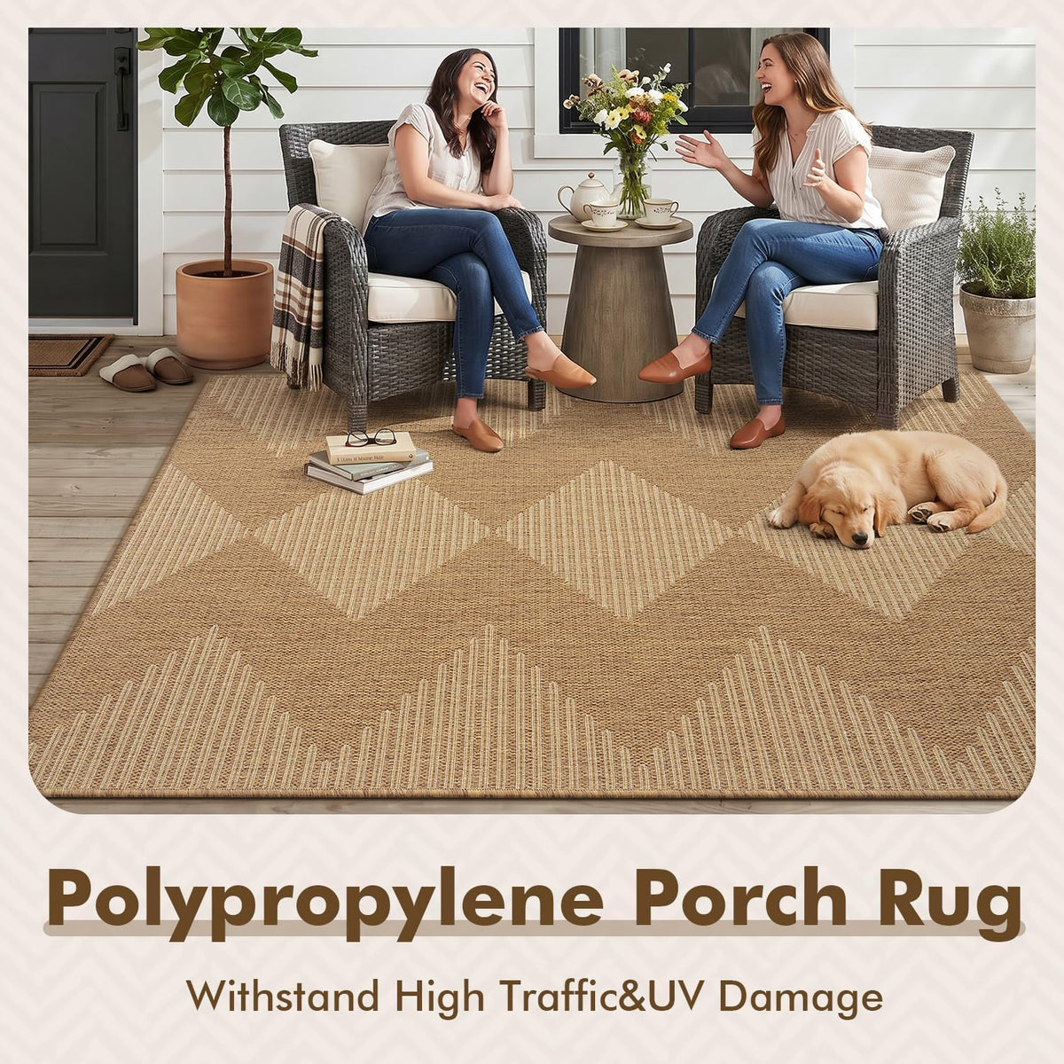 MontVoo-Outdoor Rug Carpet Patio Rug 4x6 ft Polypropylene Indoor Outdoor Rugs for Patio Deck Balcony Porch, Textured Weave, Durable for High Traffic, Fade-Resistant, Boho Geometric Neutral Brown