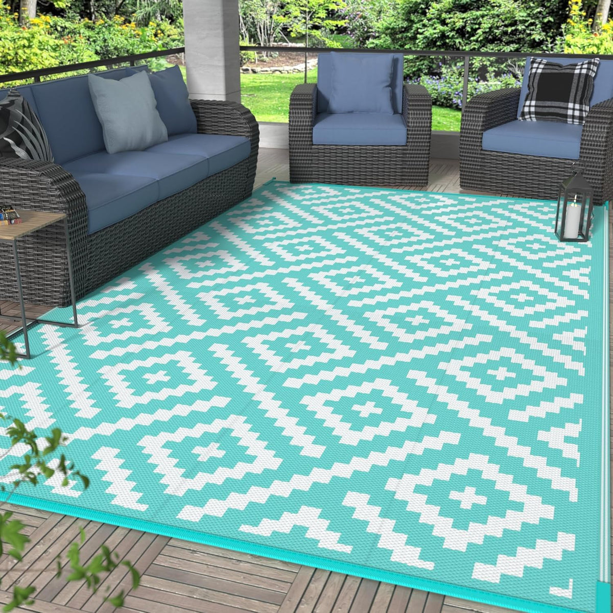 GENIMO Outdoor Rug, Waterproof Plastic Rugs for Patio, 5'x8' Black Grey