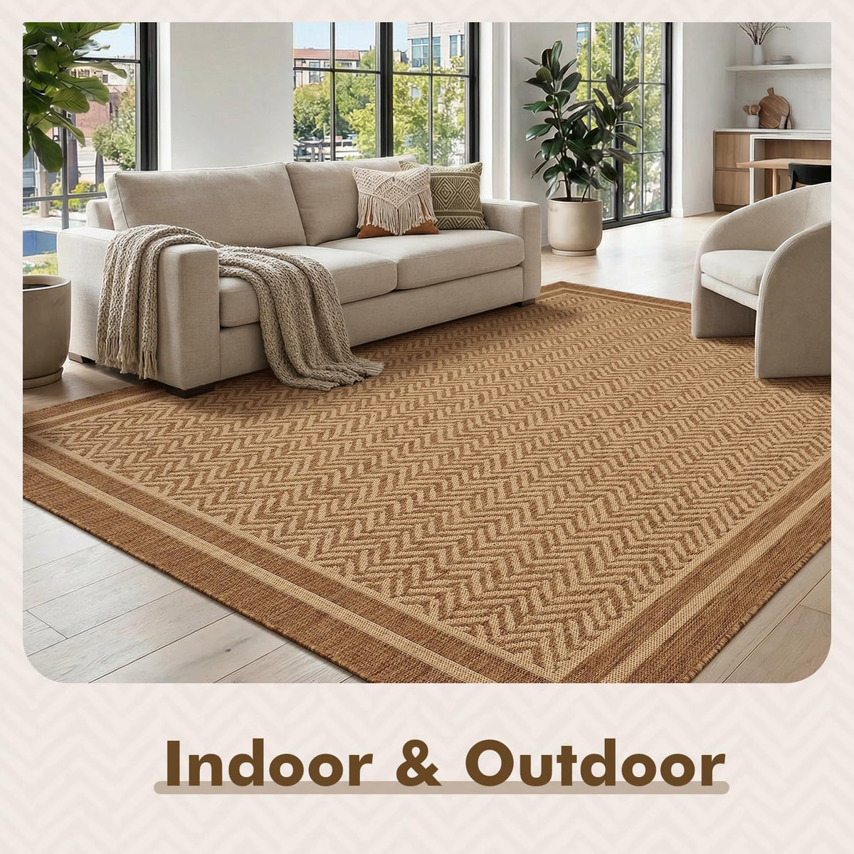 MontVoo-Outdoor Rug-Patio Rug 5x7 Polypropylene Indoor Outdoor Rugs Outdoor Carpet for Patio Deck Balcony Porch, Textured Weave, Durable for High Traffic, Fade-Resistant, Boho Farmhouse Neutral Brown