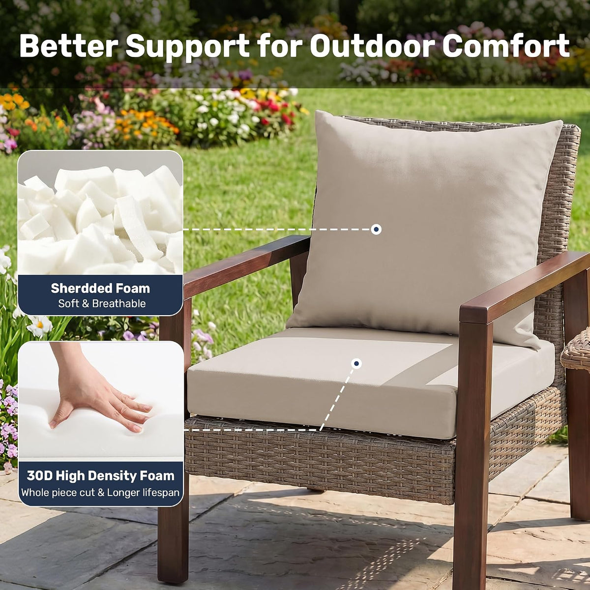 UNIKOME Outdoor Seat Cushions 24 X 24 Inch - Water-Resistant & Fade Resistant, Removable Cover Patio Furniture Cushions for Chair, Sofa, Couch, Wicker, Beige