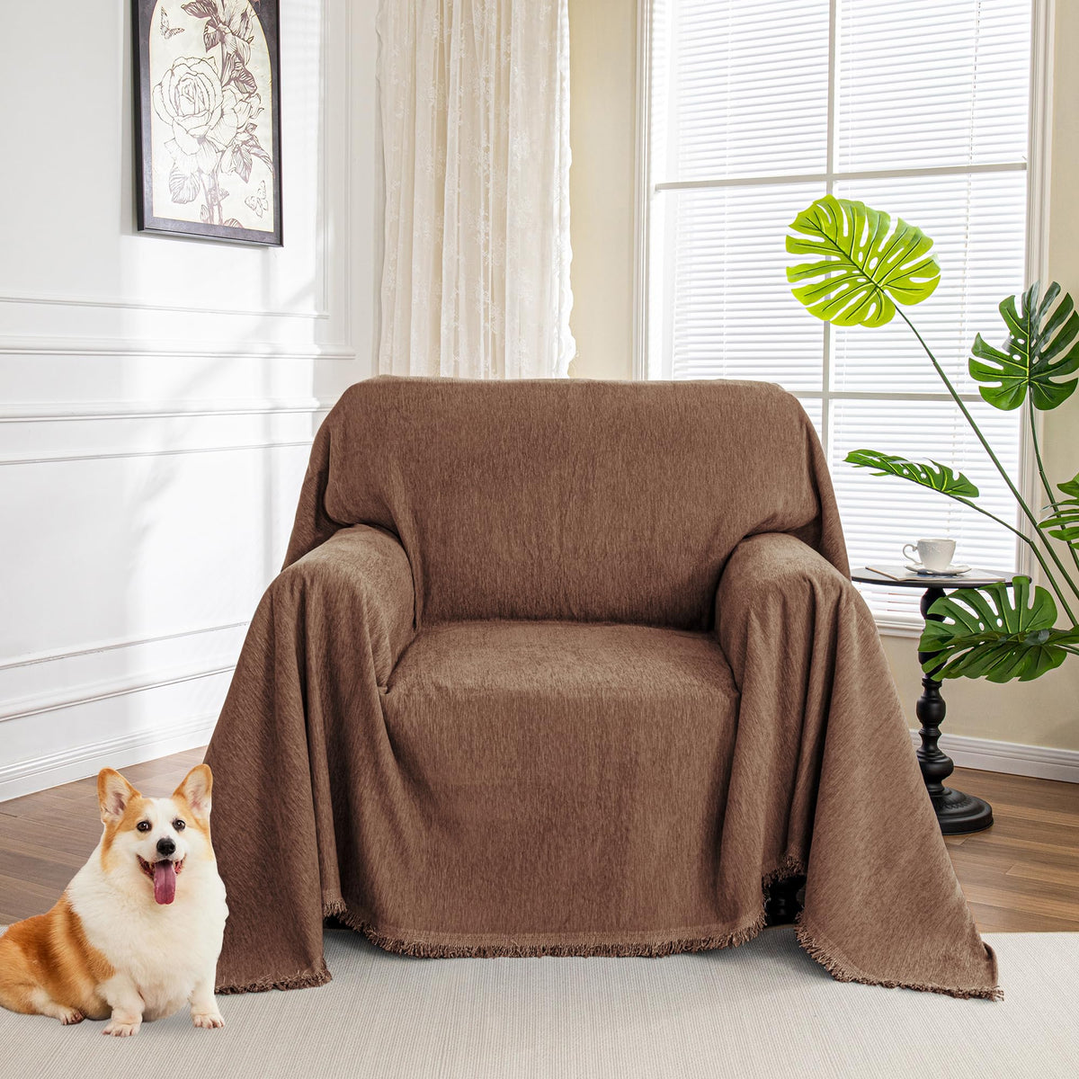MYSKY HOME Couch Cover for Dogs, Washable Couch Covers, Non Slip Sofa Cover, Couch Cover 2 Cushion Sofa Dogs Furniture Protector with Tassels, Chenille Sofa Slipcover for Pets, 71"x118", Dark Grey