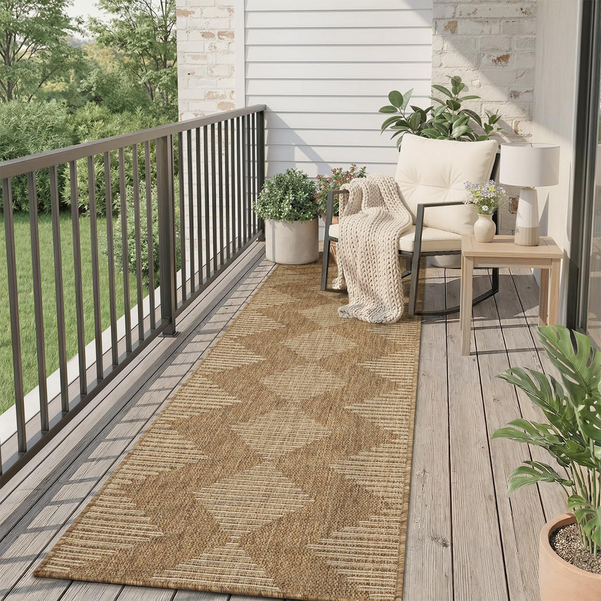 MontVoo-Outdoor Rug Carpet Patio Rug 4x6 ft Polypropylene Indoor Outdoor Rugs for Patio Deck Balcony Porch, Textured Weave, Durable for High Traffic, Fade-Resistant, Boho Geometric Neutral Brown