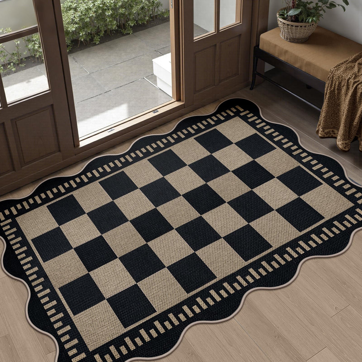 Scalloped Easy Jute 3x5 Front Door Mat, Washable Rugs for Entryway Black Outdoor Patio Rug, Farmhouse Neutral Non Slip Indoor Carpet for Porch Backyard