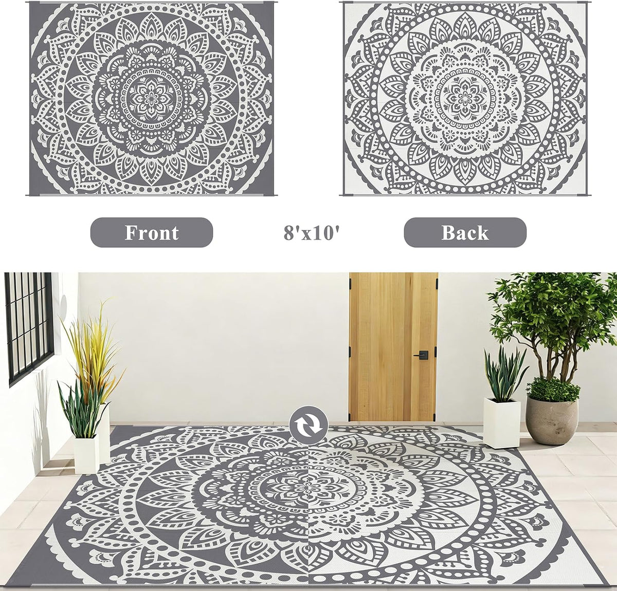 Bsmathom Waterproof Outdoor Rug 8'x10' Reversible Boho Plastic Straw Patio Deck Camping Rugs, Indoor Outdoor Portable RV Mat Clearance Carpet for Outside, Porch, Balcony, Backyard, Beach, Pool,Grey